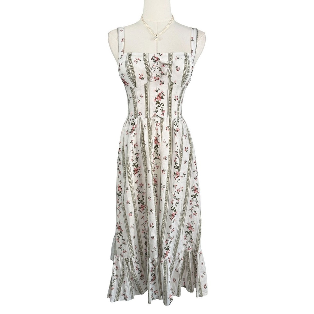 Reformation Maegan Midi Linen Dress Heath Floral Prairie Cottagecore 0